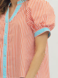 Striped Puff Sleeves Top | Orange