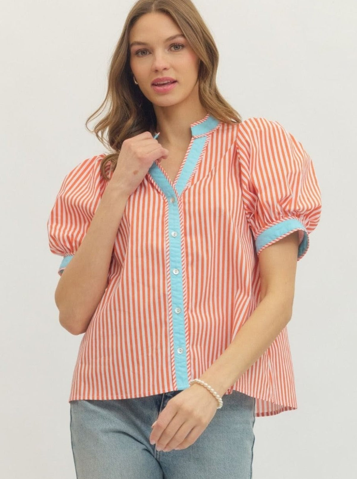Striped Puff Sleeves Top | Orange
