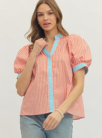 Striped Puff Sleeves Top | Orange