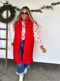 Long Puffer Vest | Red & Black