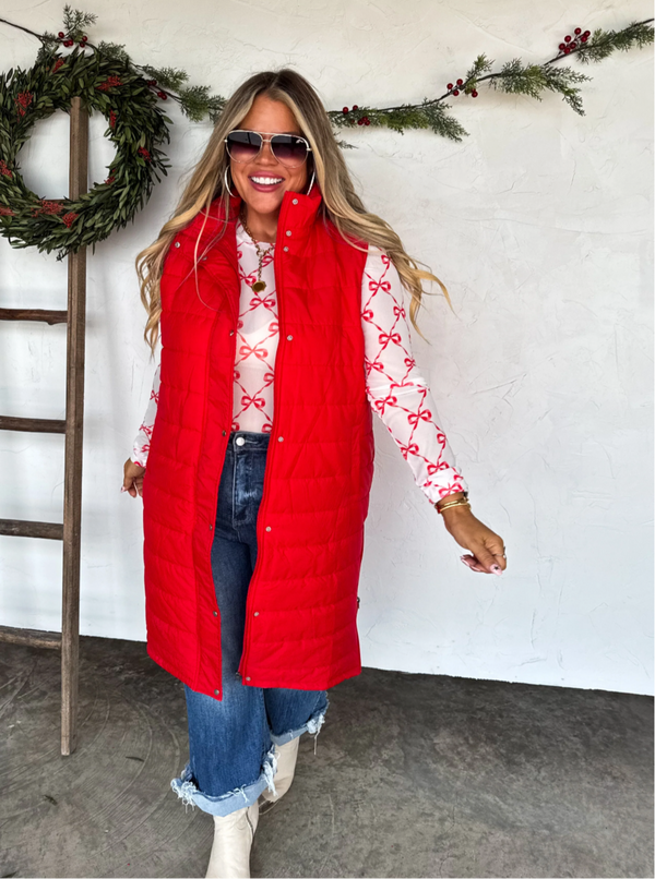 Long Puffer Vest | Red & Black