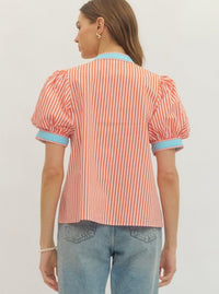 Striped Puff Sleeves Top | Orange