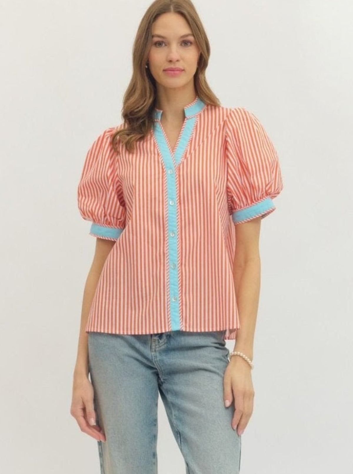 Striped Puff Sleeves Top | Orange