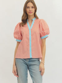 Striped Puff Sleeves Top | Orange