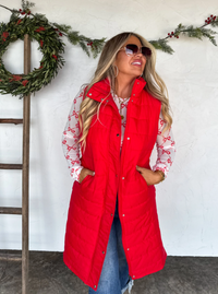 Long Puffer Vest | Red & Black