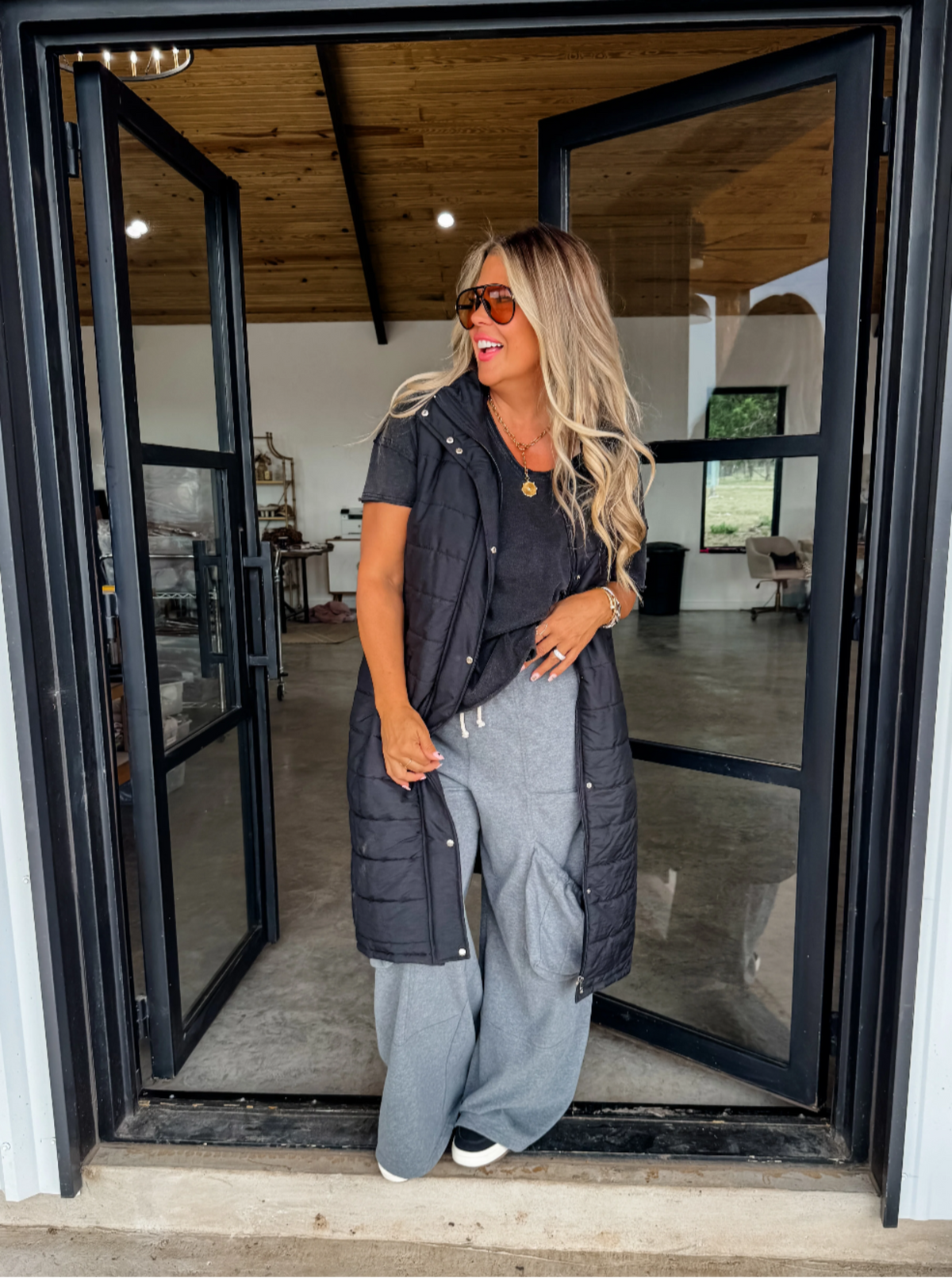 Long Puffer Vest | Red & Black