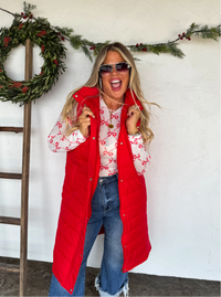 Long Puffer Vest | Red & Black