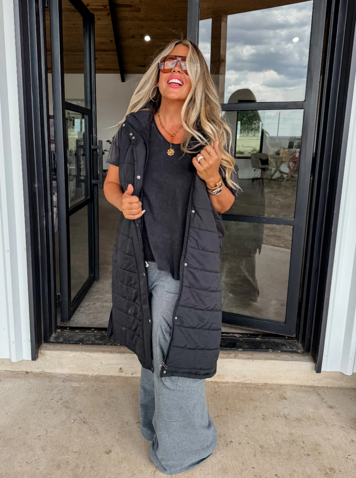 Long Puffer Vest | Red & Black