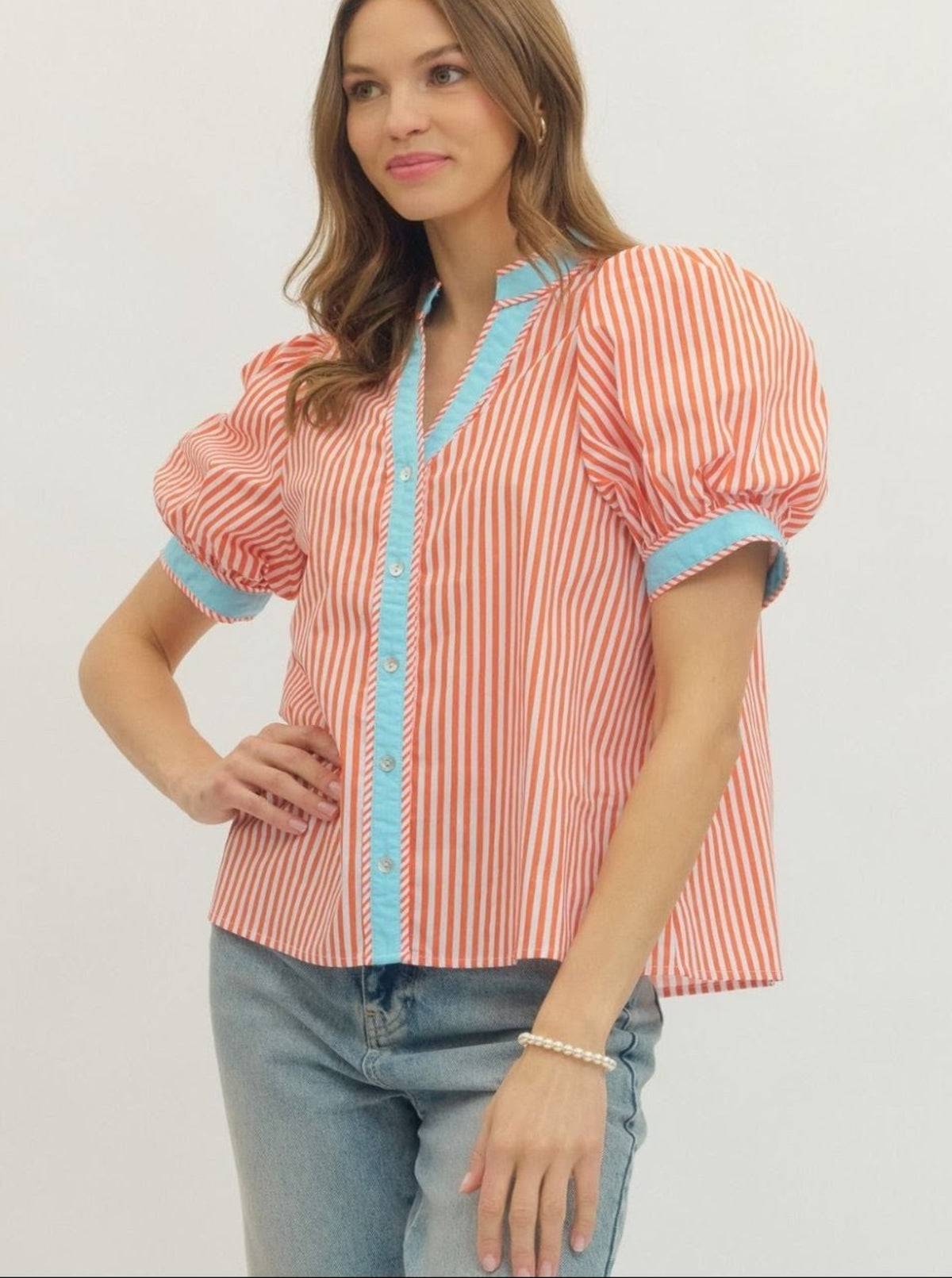 Striped Puff Sleeves Top | Orange