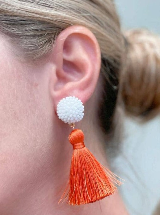 Bead & Tassel Dangle Earrings | Orange & White